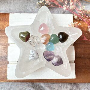 Beautiful Selenite Star Bowl with Mini Crystal Hearts Bundle Gift Set